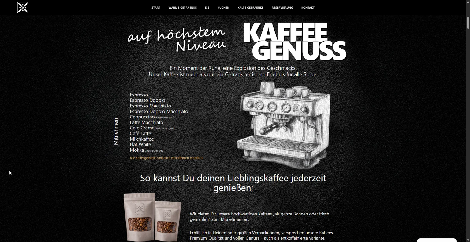 Caviani Café-Website mit Kaffeespezialitäten und Reservierung